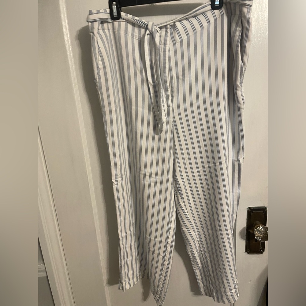 LOFT White Pants with Light Blue Stripes and Drawstring Waist